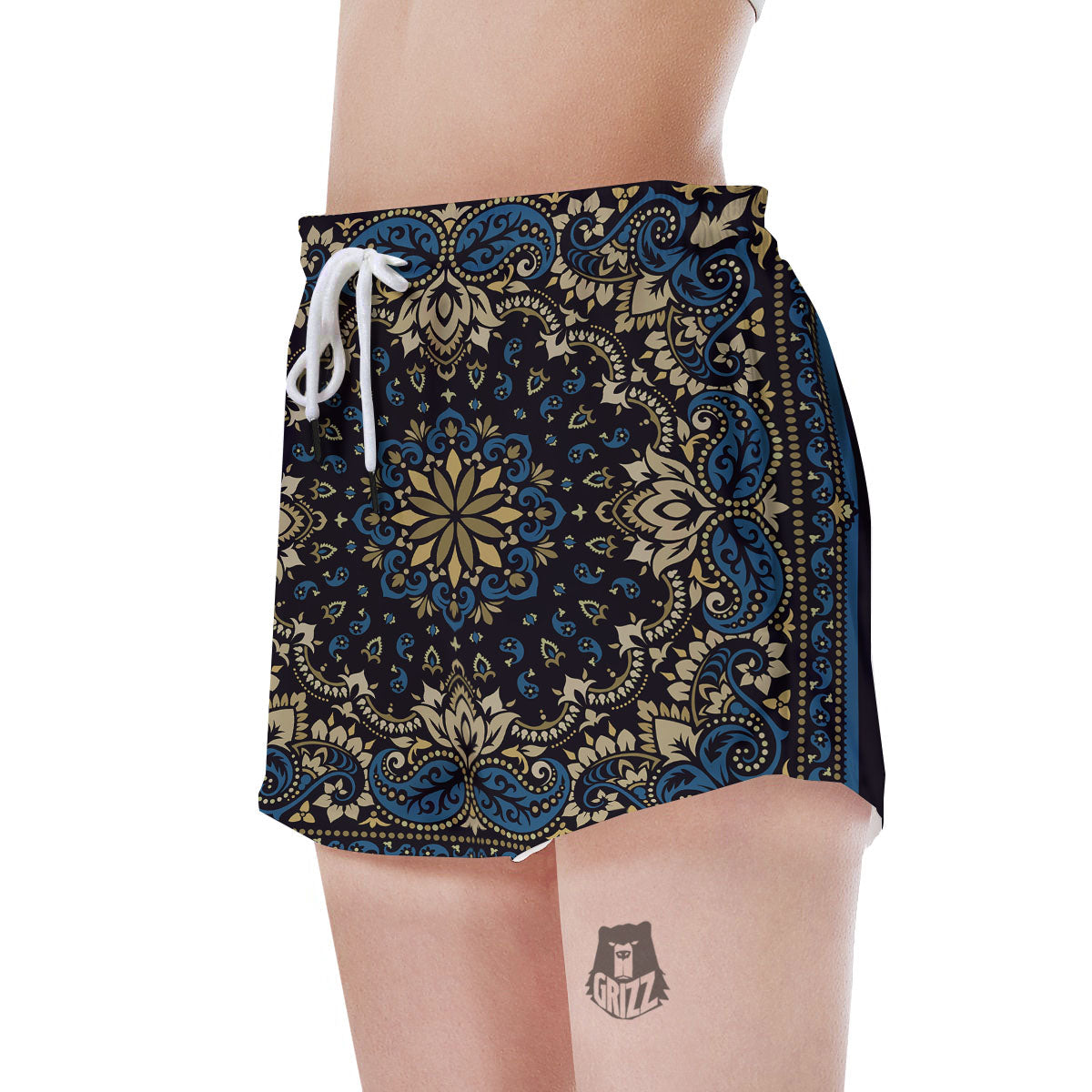 Gold Blue Paisley Bandana Print Women's Shorts-grizzshop