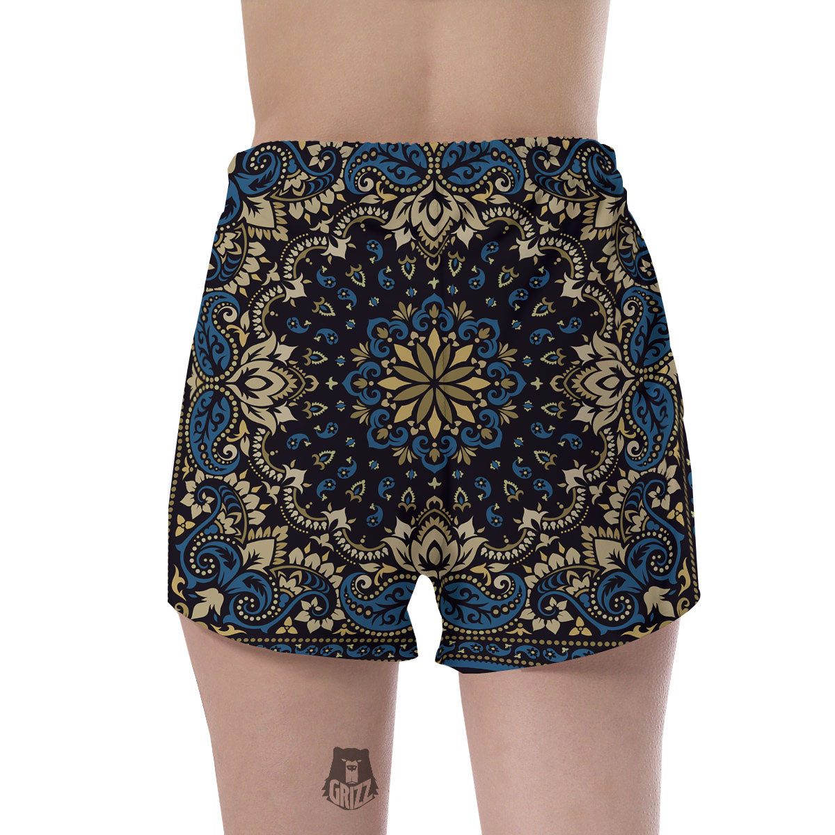 Gold Blue Paisley Bandana Print Women's Shorts-grizzshop