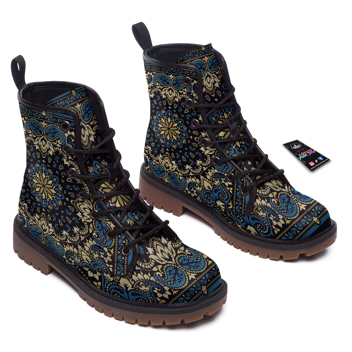 Gold Blue Paisley Bandana Print Work Boots-grizzshop