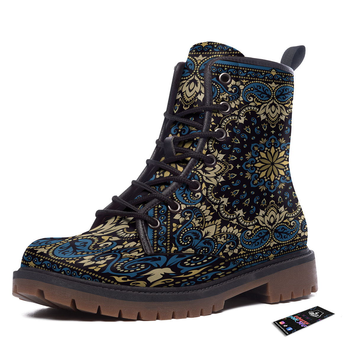 Gold Blue Paisley Bandana Print Work Boots-grizzshop