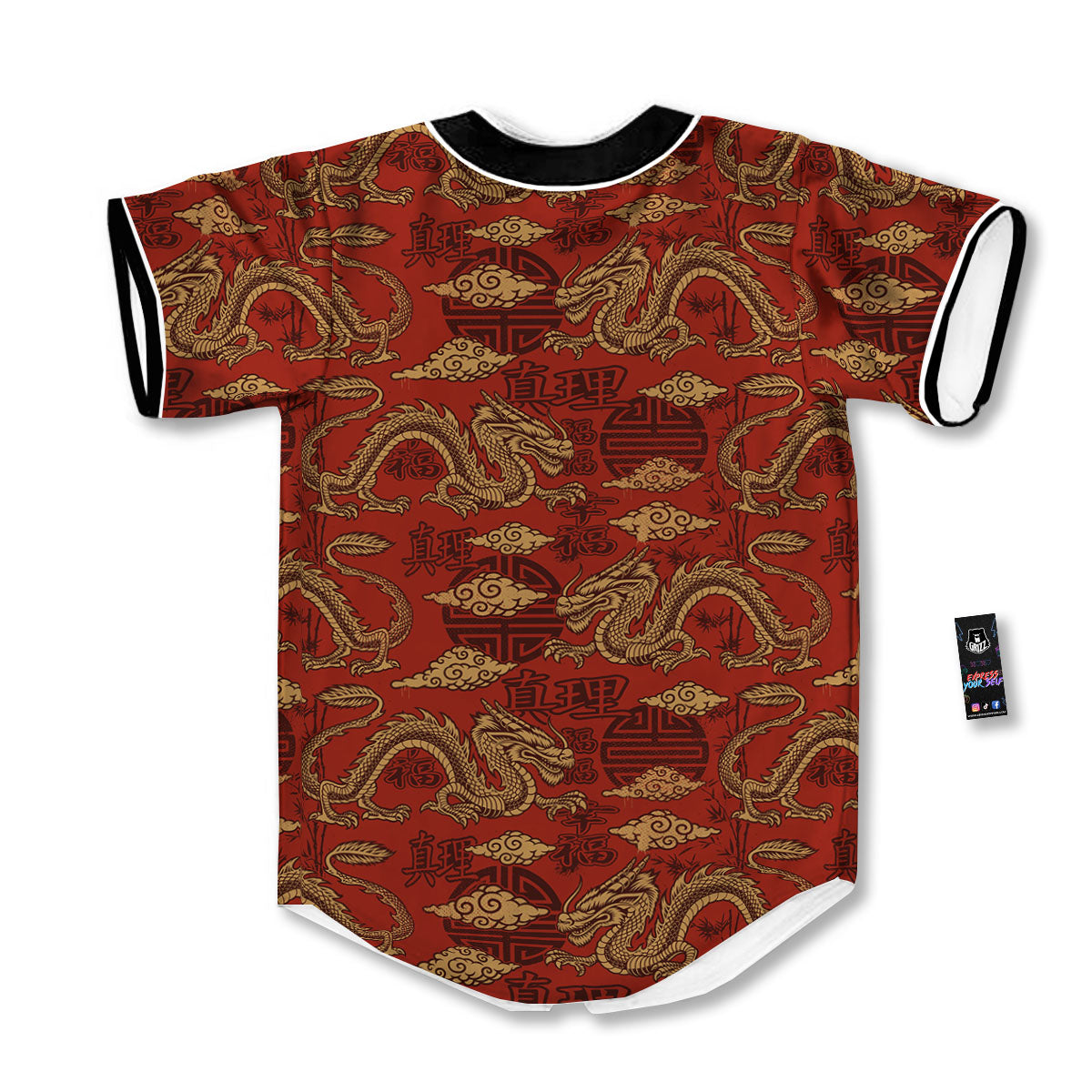 Gold Chinese Dragon Print Pattern Baseball Jersey-grizzshop