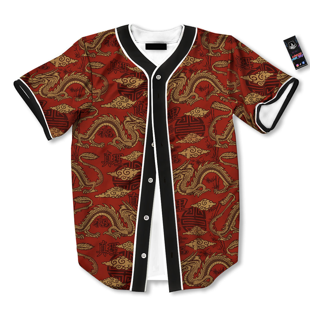 Gold Chinese Dragon Print Pattern Baseball Jersey-grizzshop