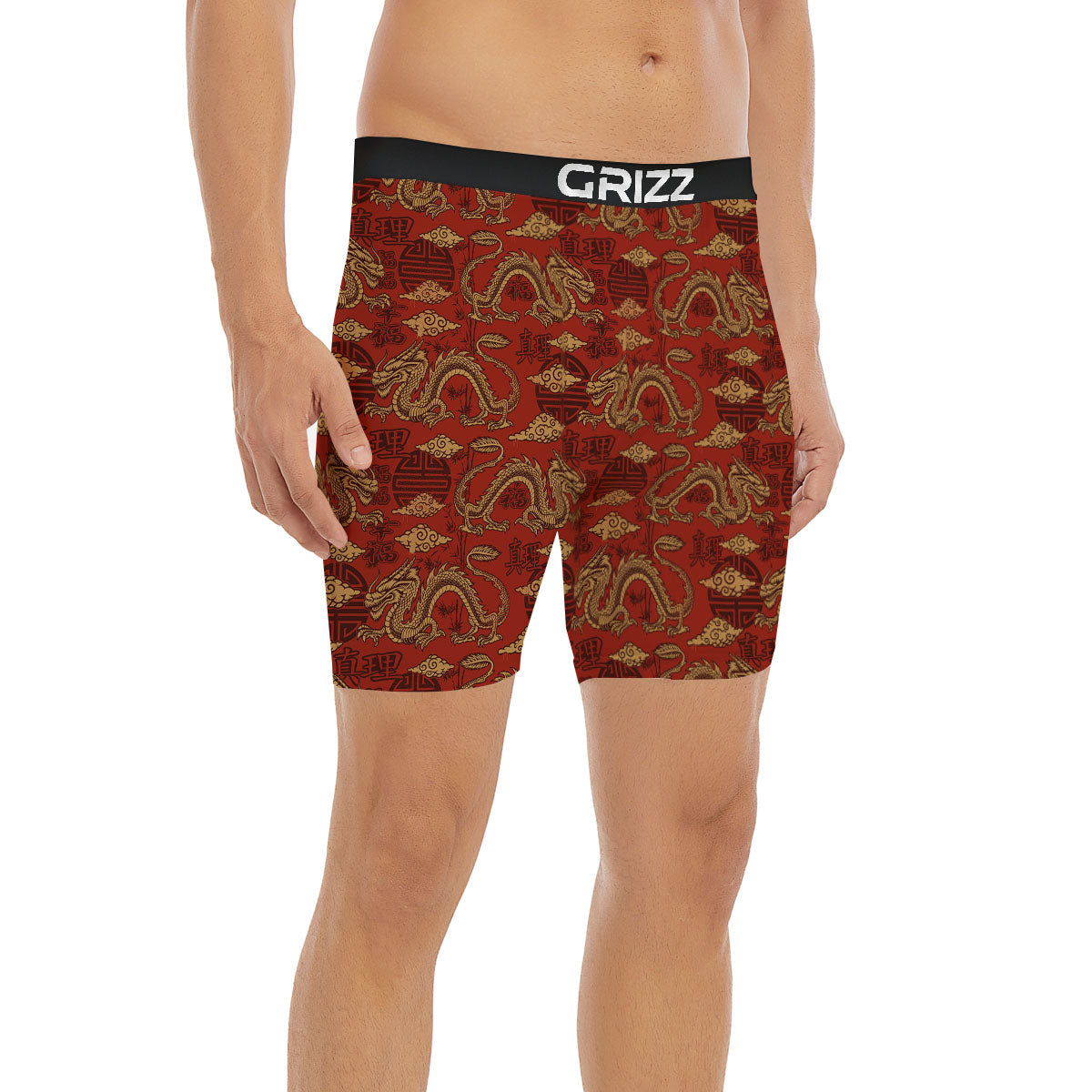 Gold Chinese Dragon Print Pattern Boxer Briefs-grizzshop