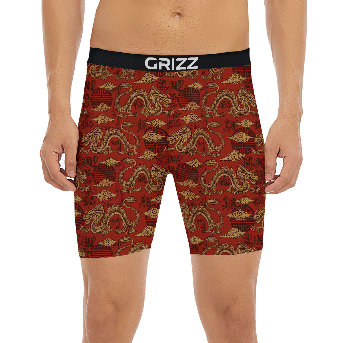 Gold Chinese Dragon Print Pattern Boxer Briefs-grizzshop