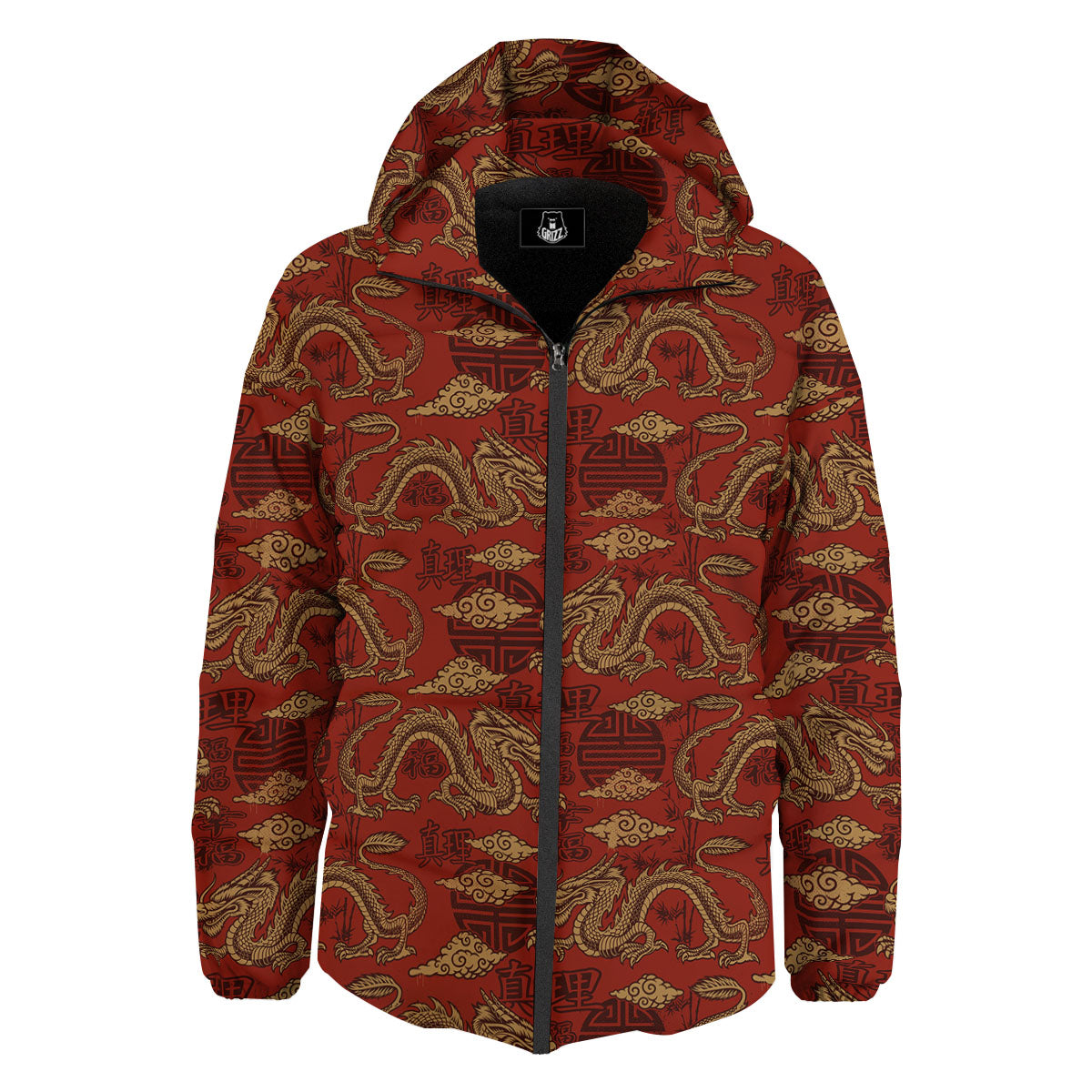 Gold Chinese Dragon Print Pattern Down Jacket-grizzshop