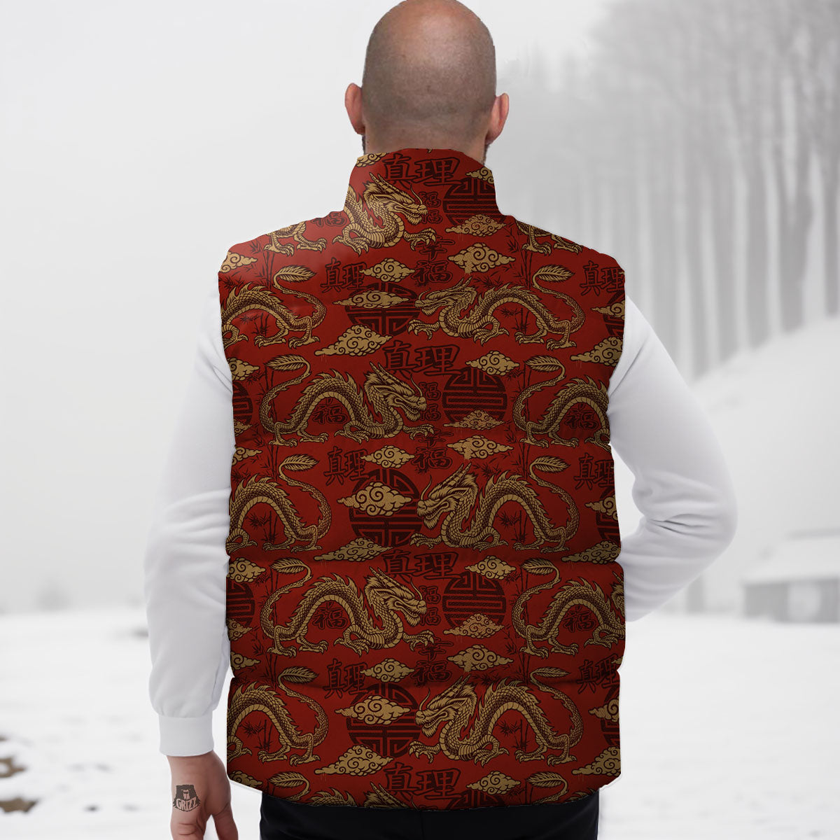 Gold Chinese Dragon Print Pattern Down Vest