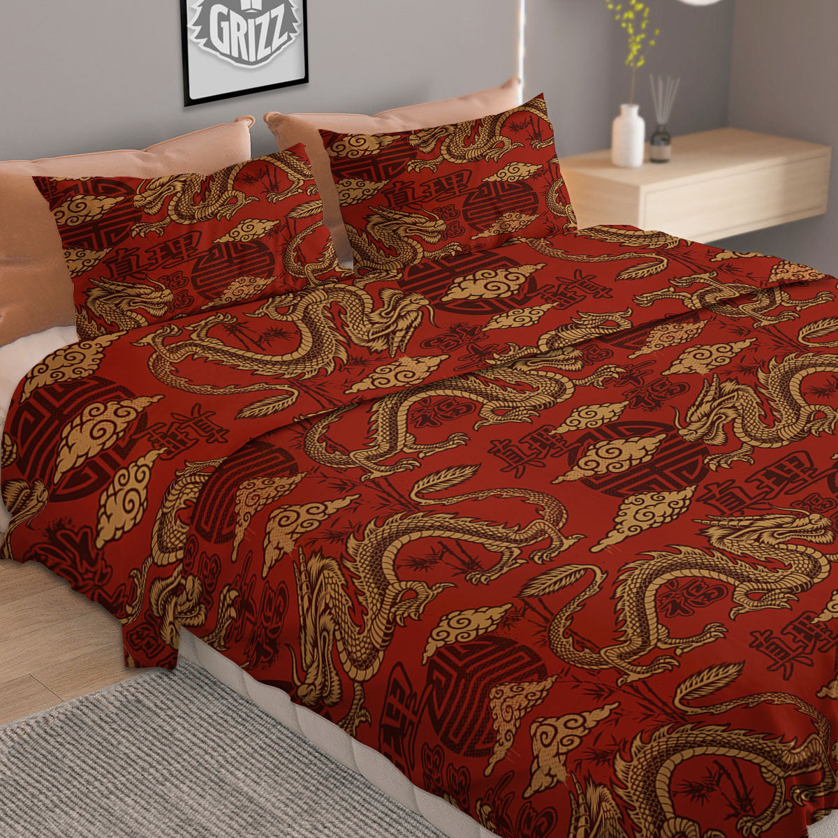 Gold Chinese Dragon Print Pattern Duvet Cover Bedding Set