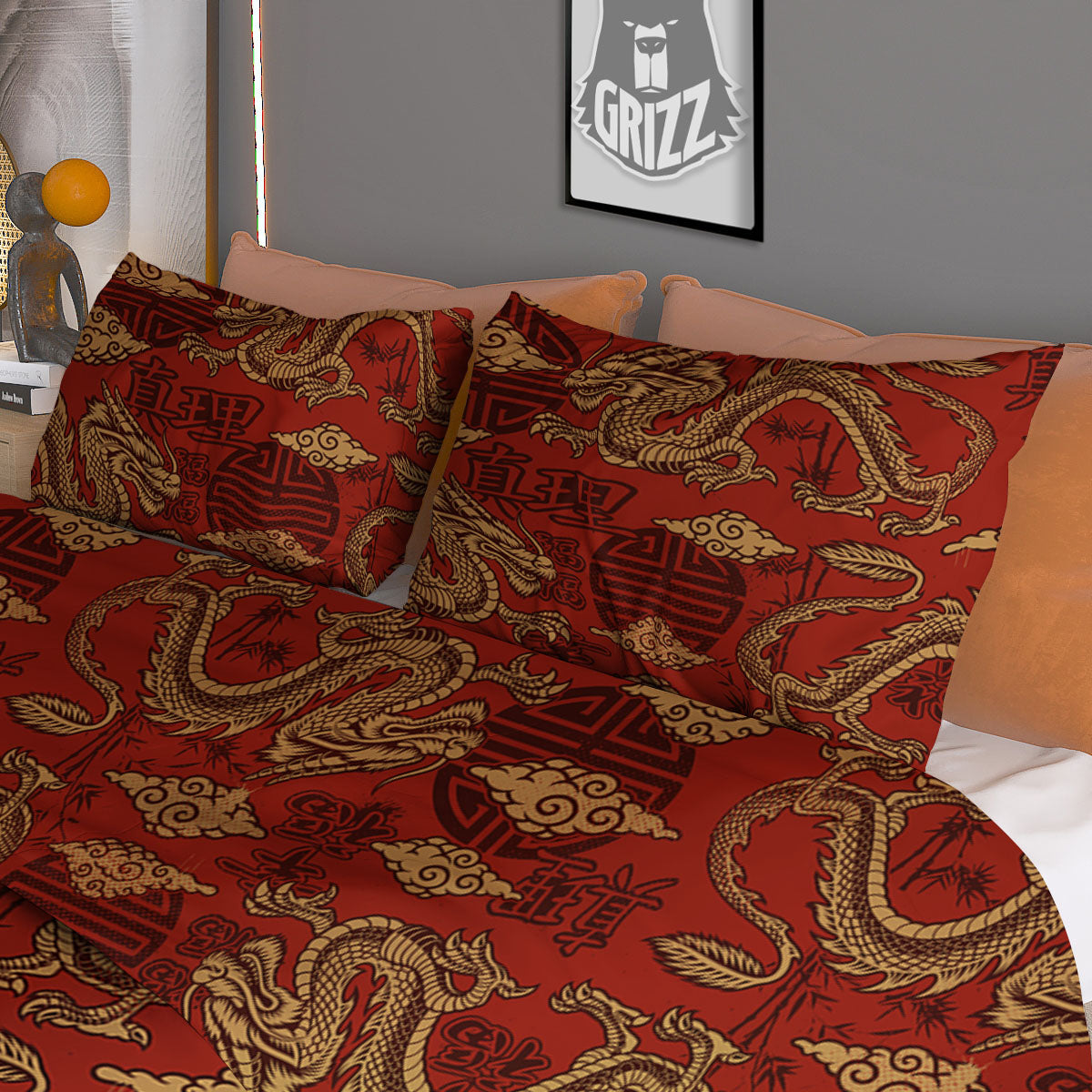 Gold Chinese Dragon Print Pattern Duvet Cover Bedding Set