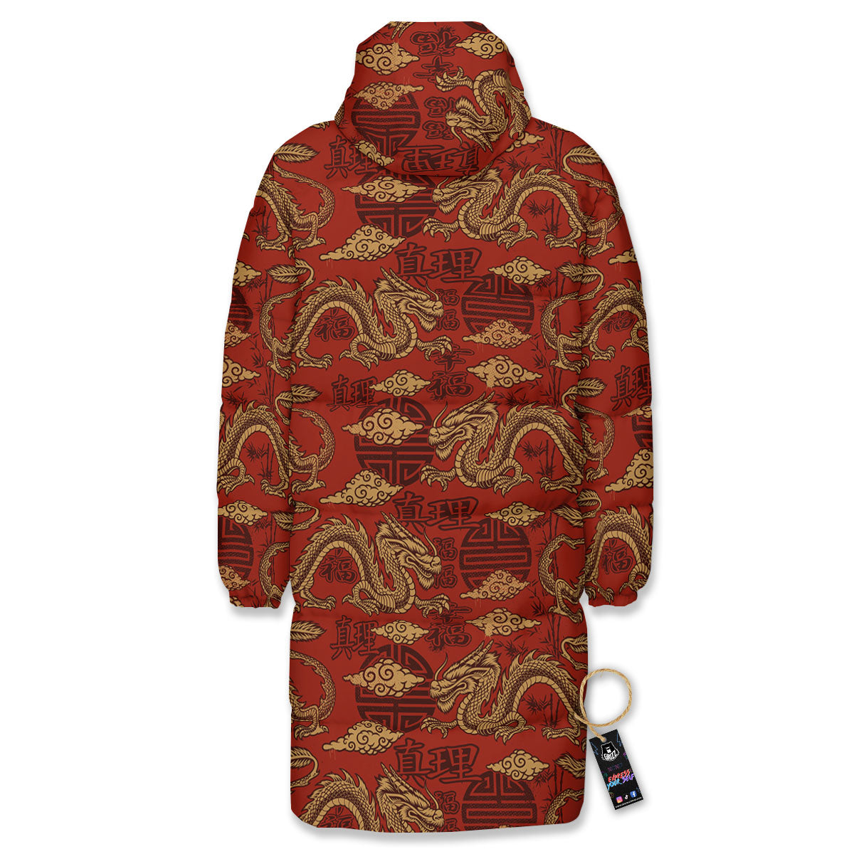 Gold Chinese Dragon Print Pattern Long Down Jacket-grizzshop