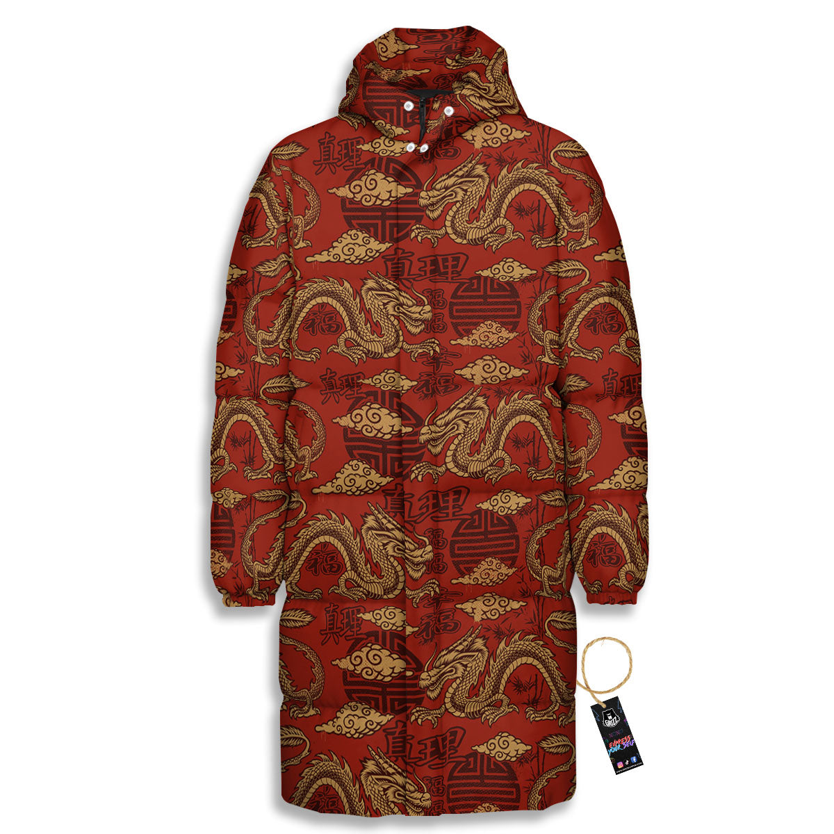 Gold Chinese Dragon Print Pattern Long Down Jacket-grizzshop