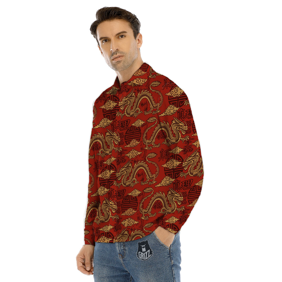 Gold Chinese Dragon Print Pattern Men's Dress Shirts-grizzshop