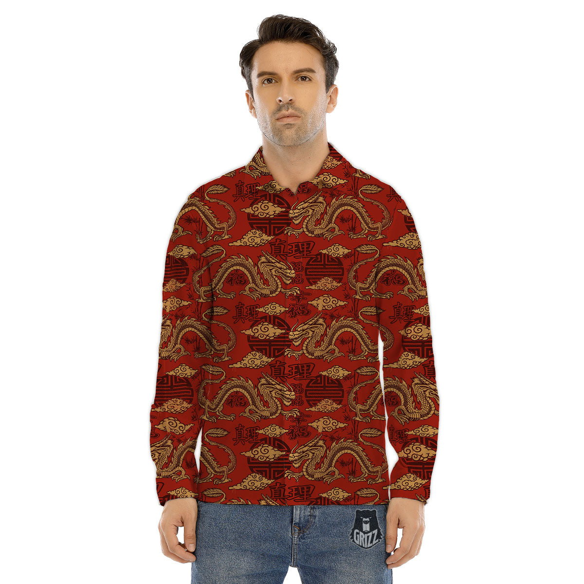 Gold Chinese Dragon Print Pattern Men's Dress Shirts-grizzshop