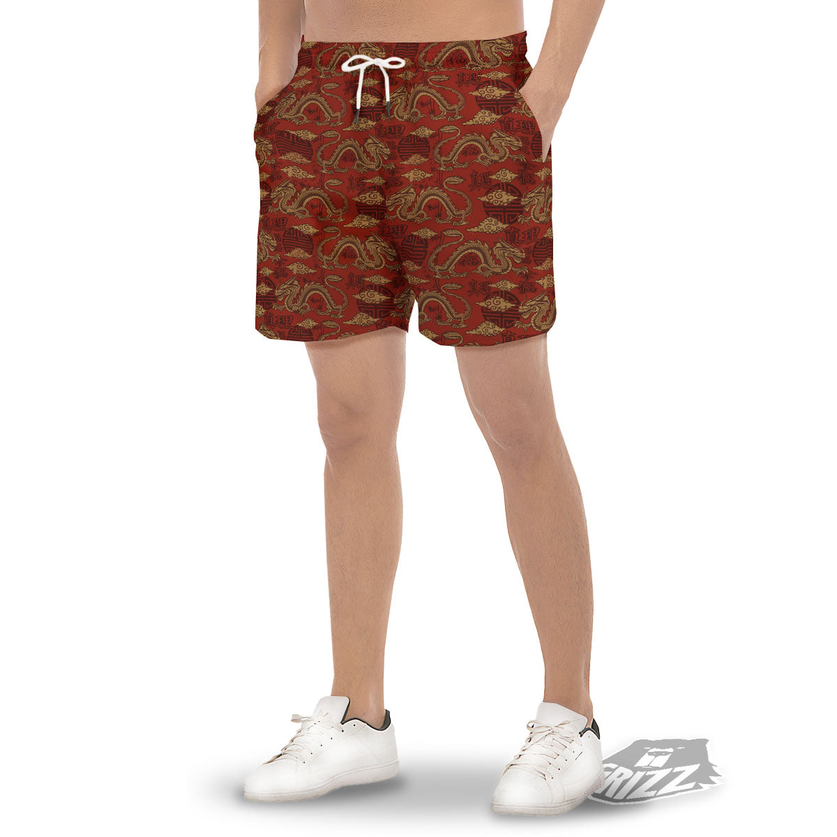 Gold Chinese Dragon Print Pattern Men's Gym Shorts-grizzshop