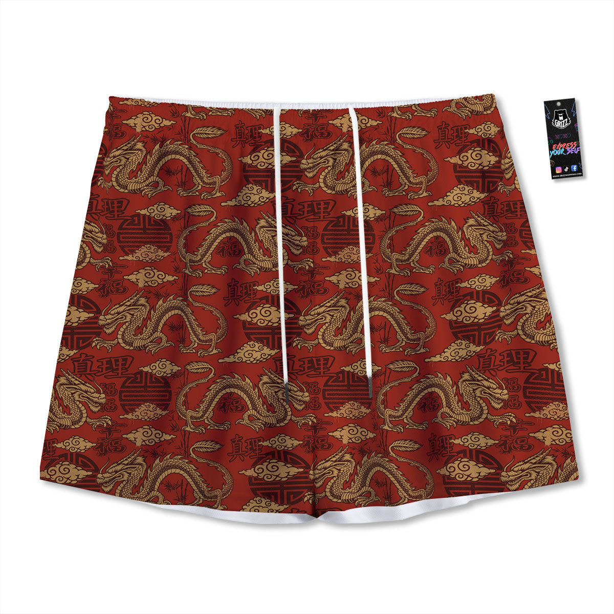 Gold Chinese Dragon Print Pattern Mesh Shorts