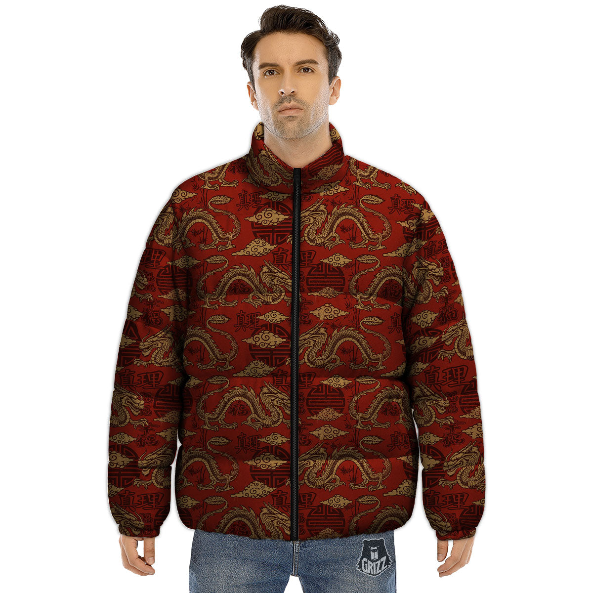 Gold Chinese Dragon Print Pattern Puffer Jacket-grizzshop