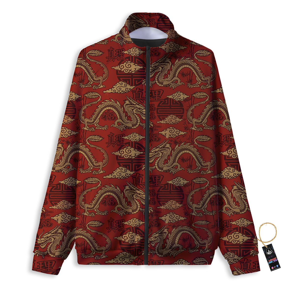 Gold Chinese Dragon Print Pattern Track Jacket-grizzshop