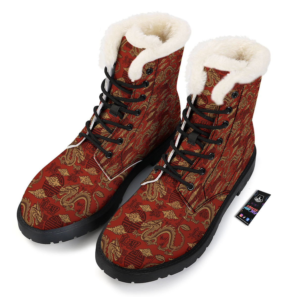 Gold Chinese Dragon Print Pattern Winter Boots-grizzshop