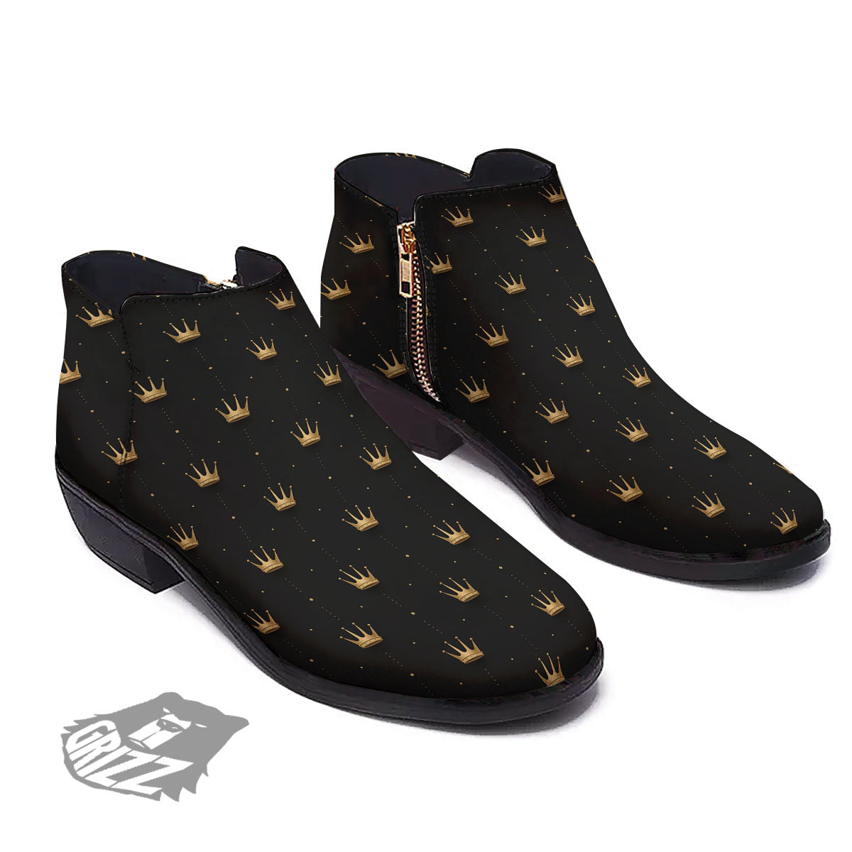 Gold Crown Print Pattern Ankle Boots-grizzshop