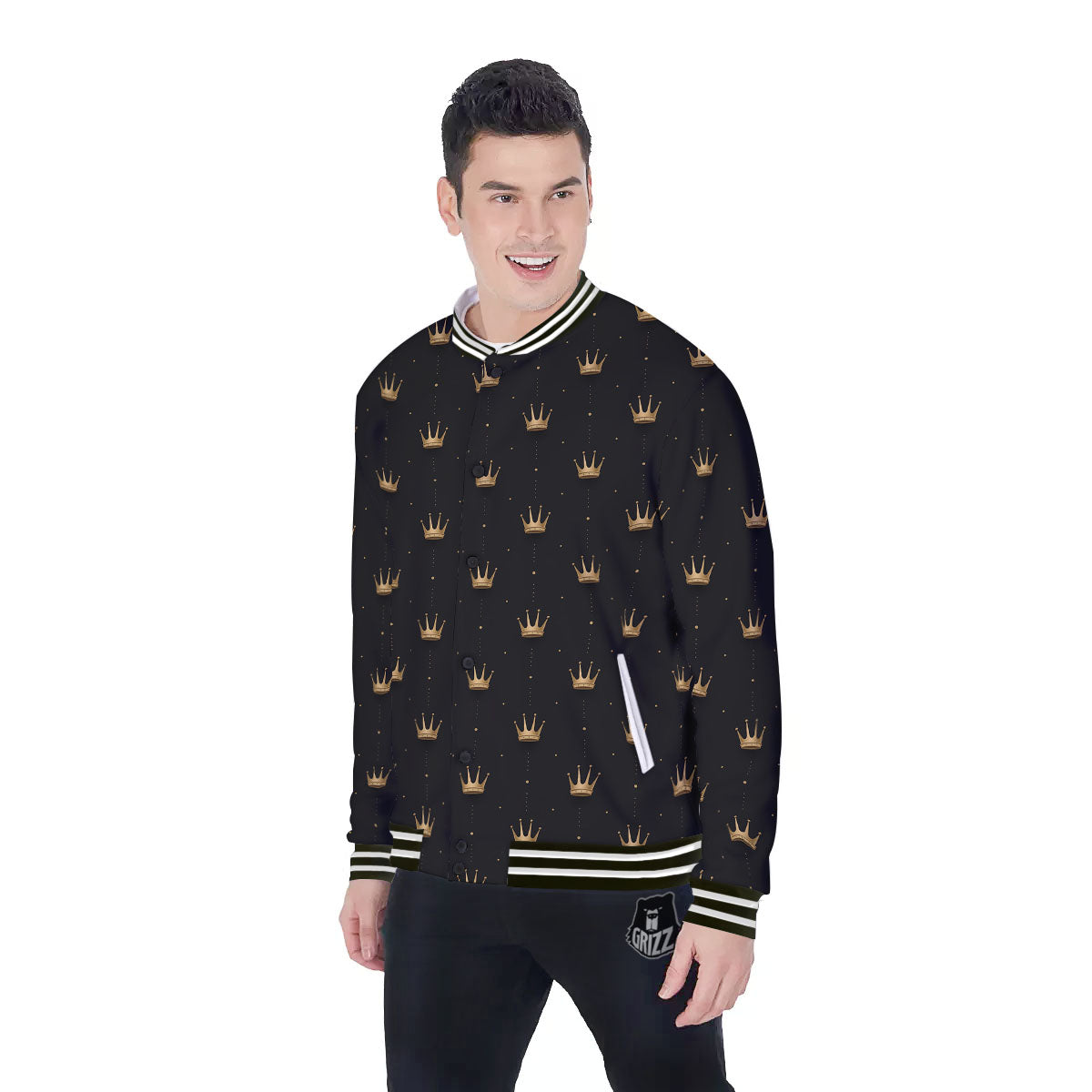 Gold Crown Print Pattern Baseball Jacket-grizzshop