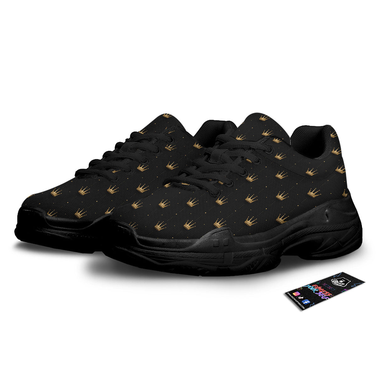 Gold Crown Print Pattern Black Chunky Shoes-grizzshop