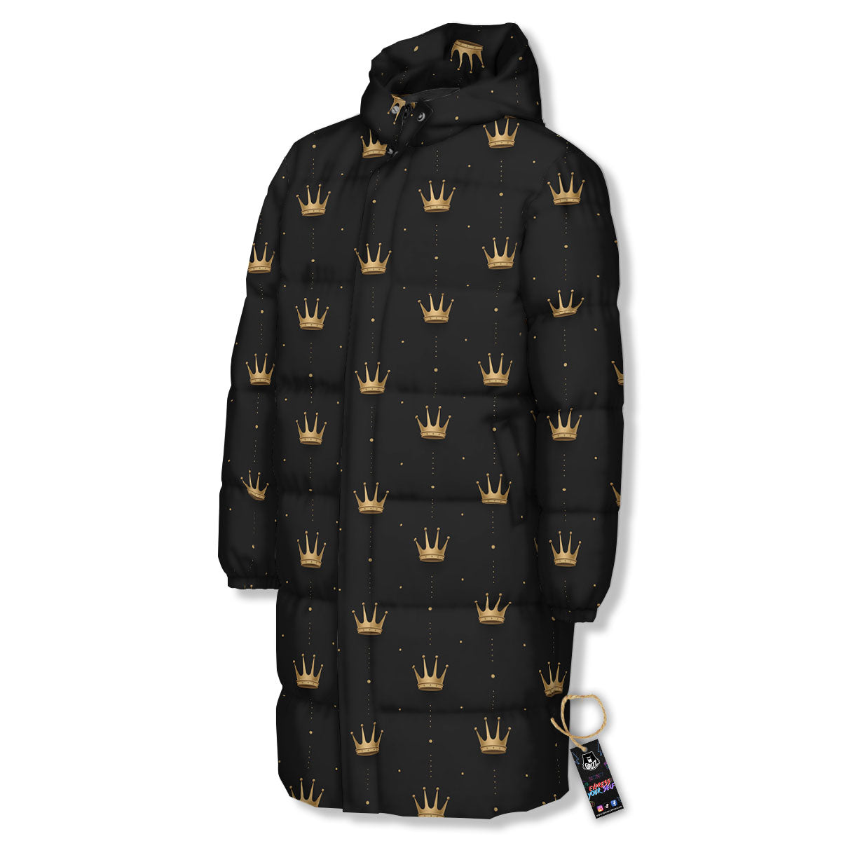 Gold Crown Print Pattern Long Down Jacket-grizzshop