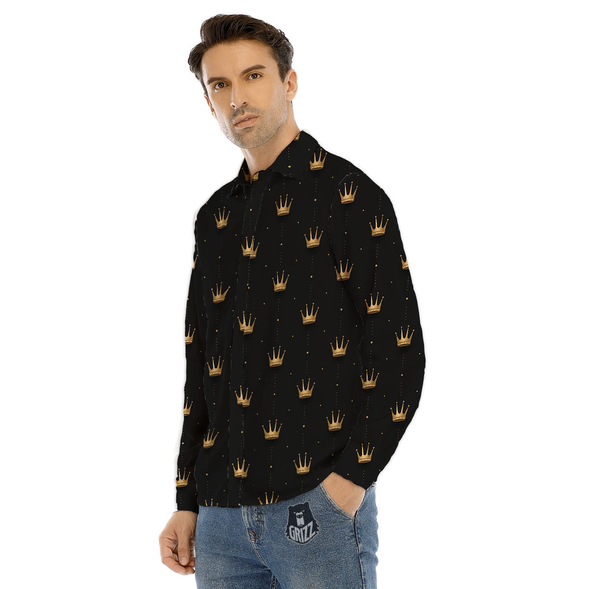 Gold Crown Print Pattern Men's Dress Shirts-grizzshop