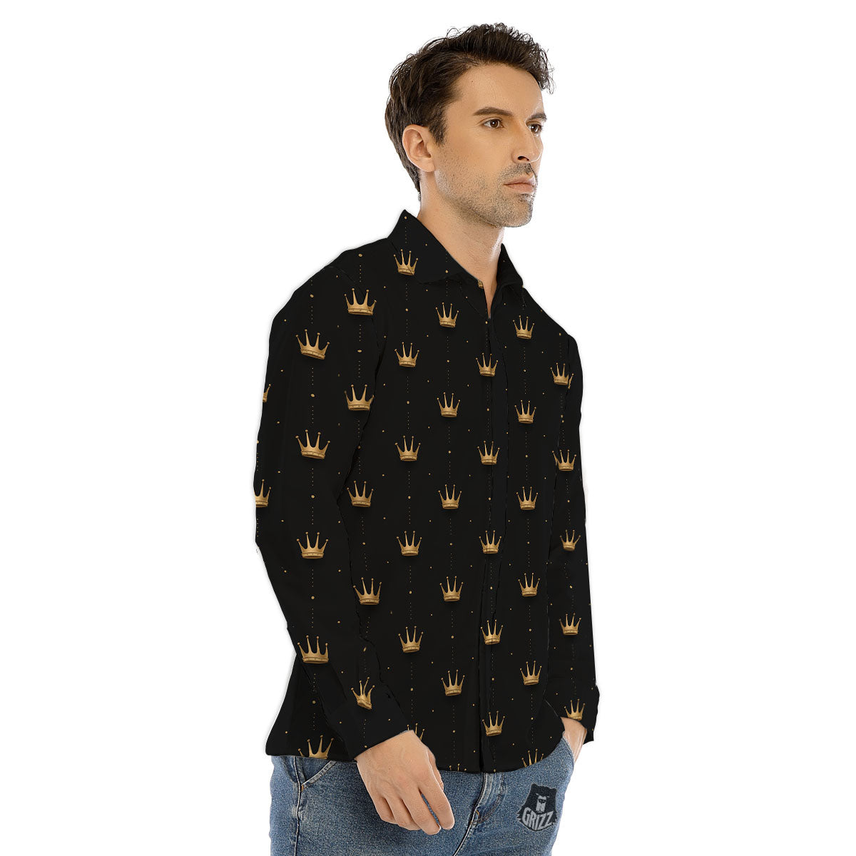 Gold Crown Print Pattern Men's Dress Shirts-grizzshop