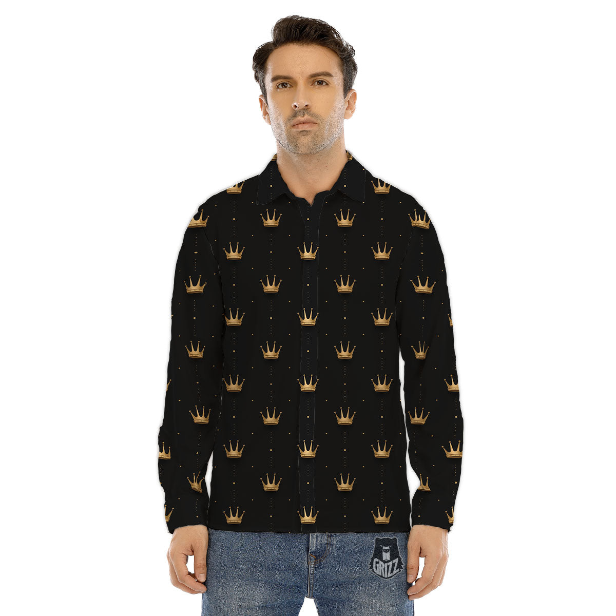 Gold Crown Print Pattern Men's Dress Shirts-grizzshop