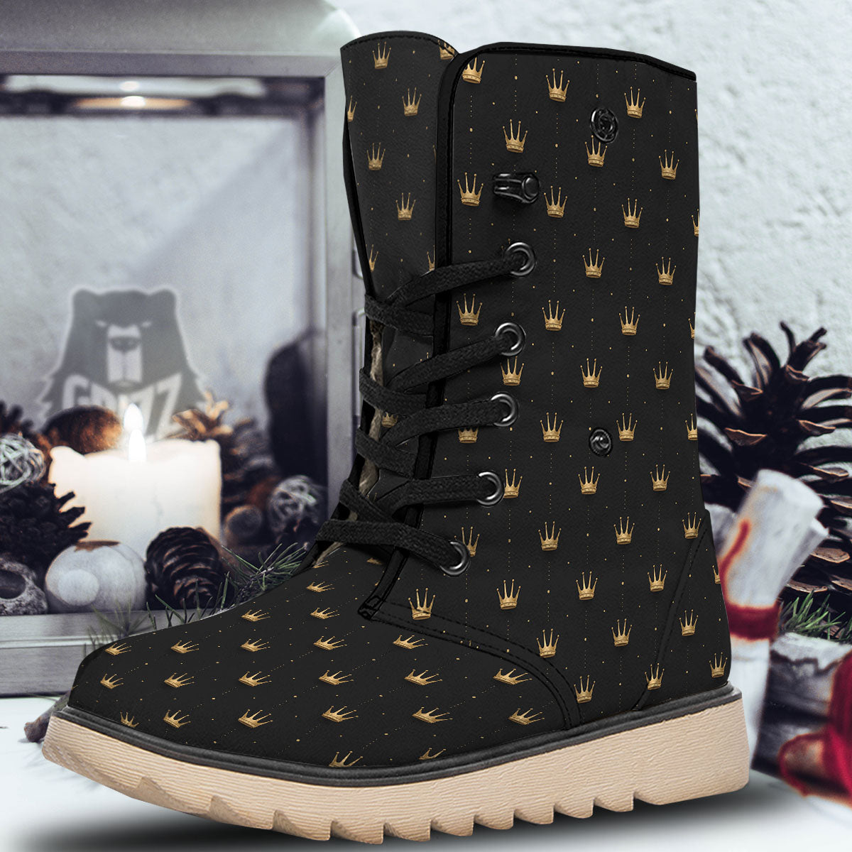 Gold Crown Print Pattern Snow Boots-grizzshop