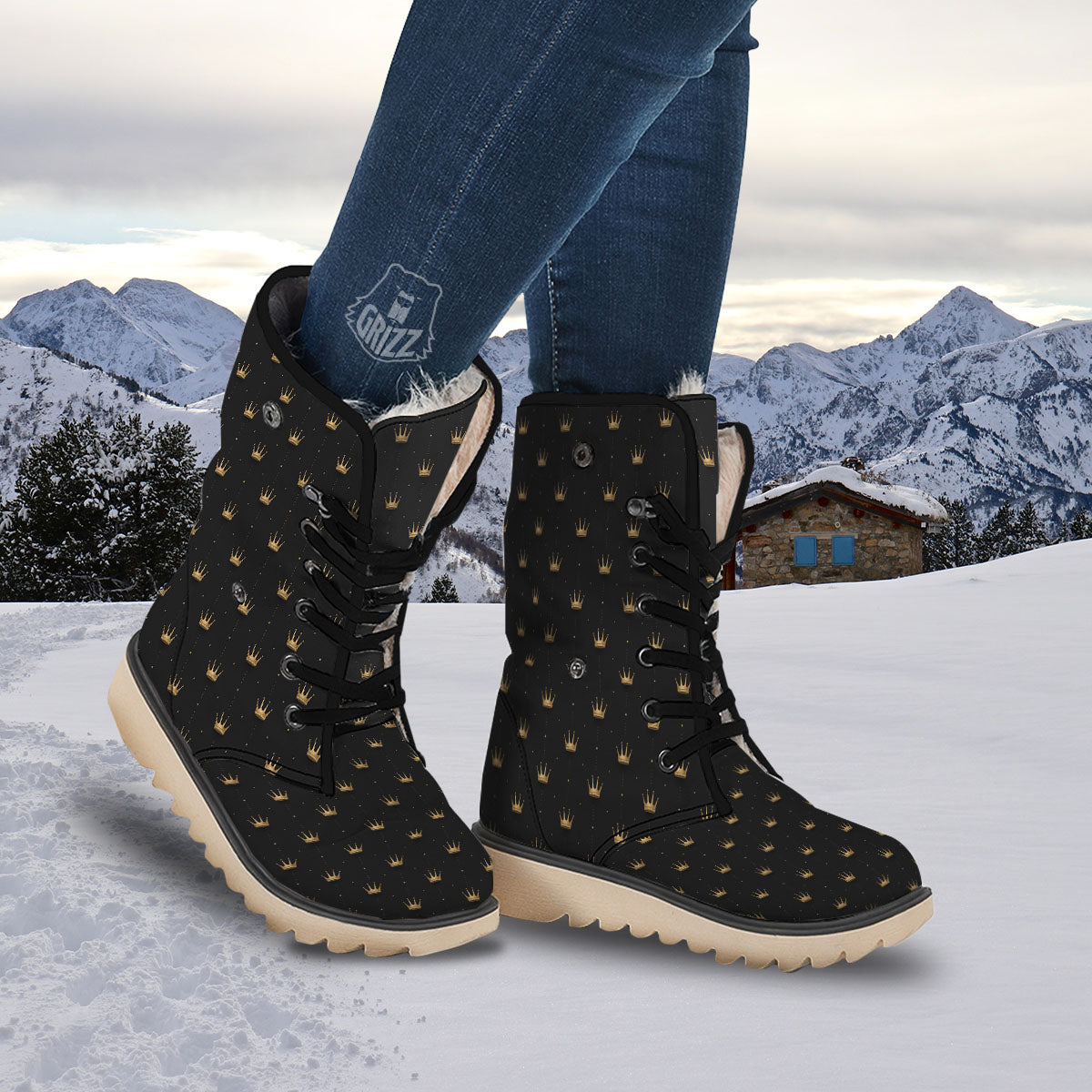 Gold Crown Print Pattern Snow Boots-grizzshop