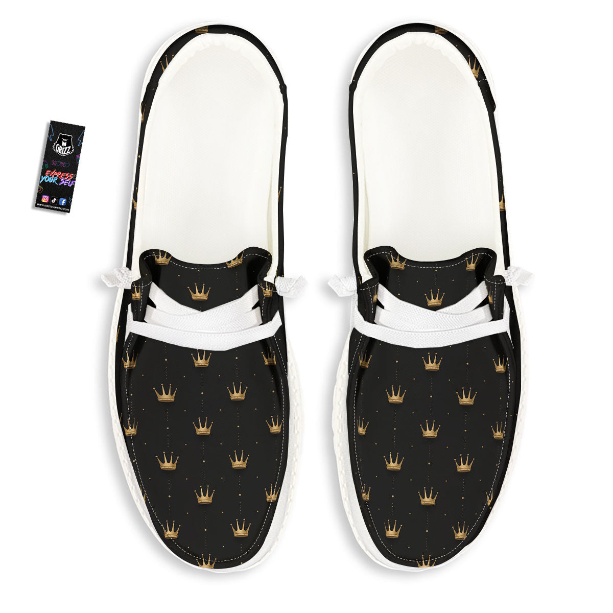 Gold Crown Print Pattern White Loafers-grizzshop
