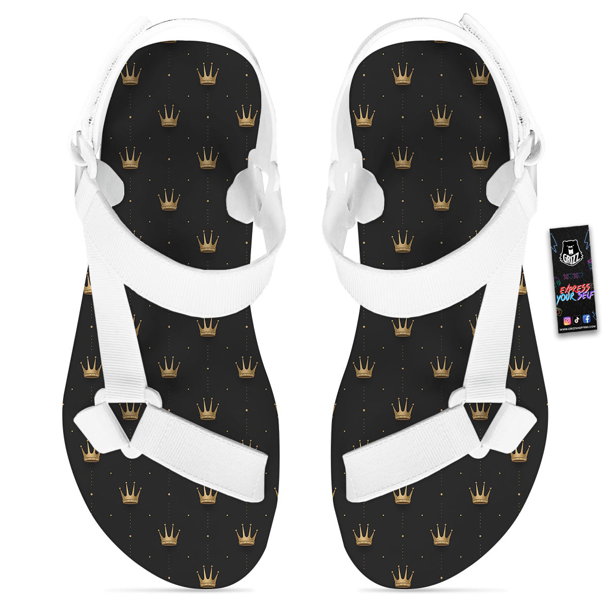 Gold Crown Print Pattern White Open Toe Sandals-grizzshop