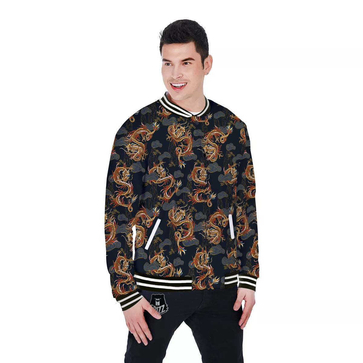 Gold Dragon Japanese Print Pattern Baseball Jacket-grizzshop