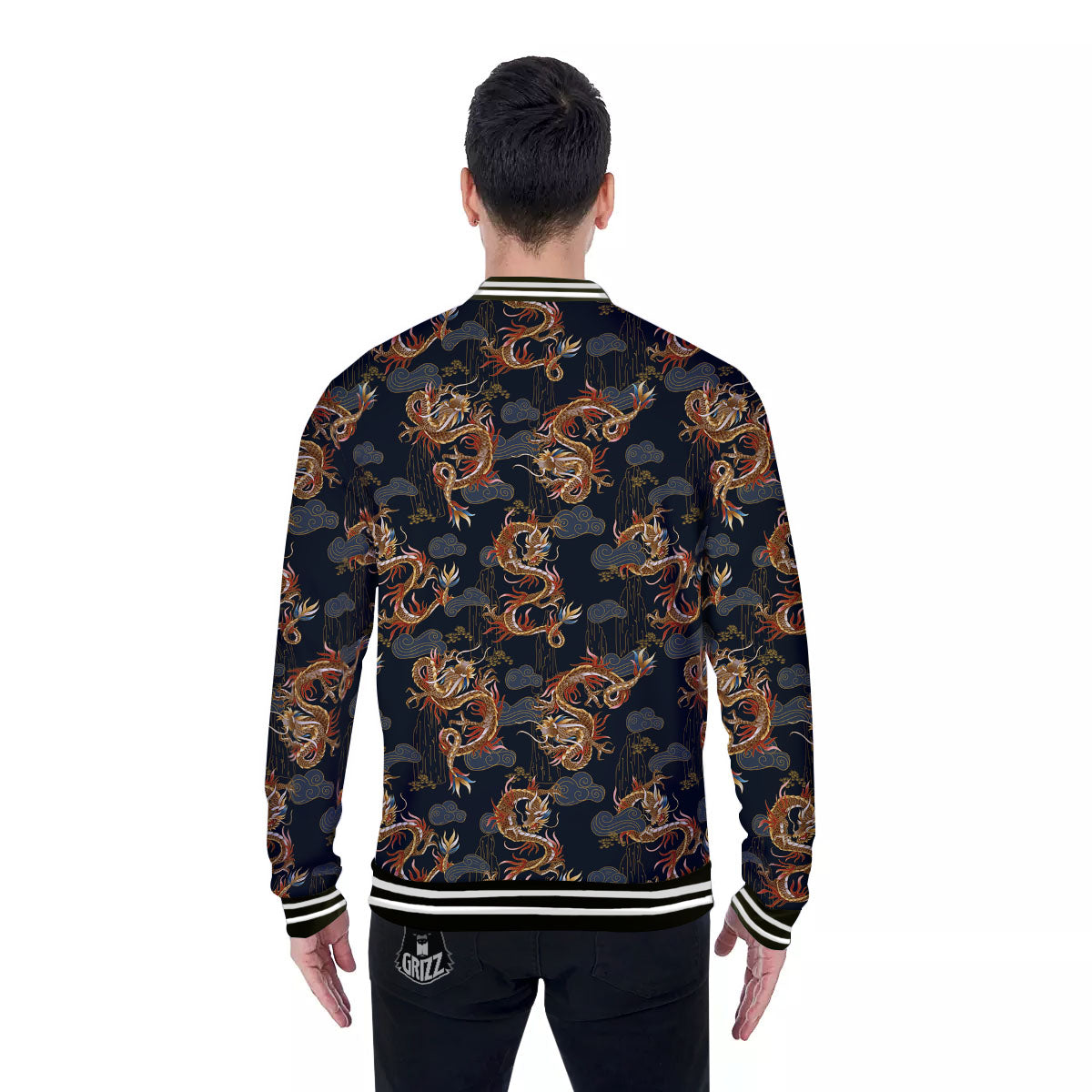 Gold Dragon Japanese Print Pattern Baseball Jacket-grizzshop