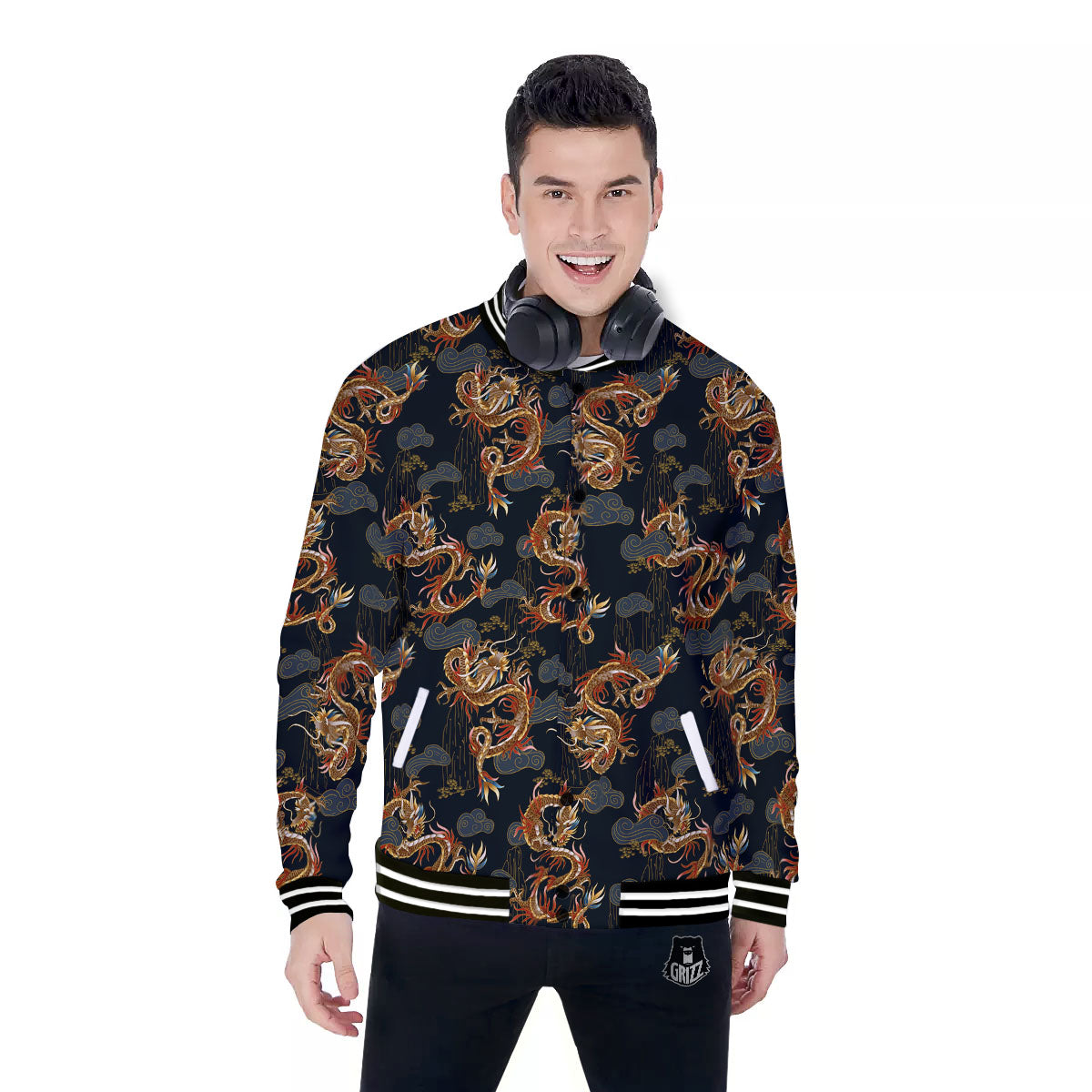 Gold Dragon Japanese Print Pattern Baseball Jacket-grizzshop