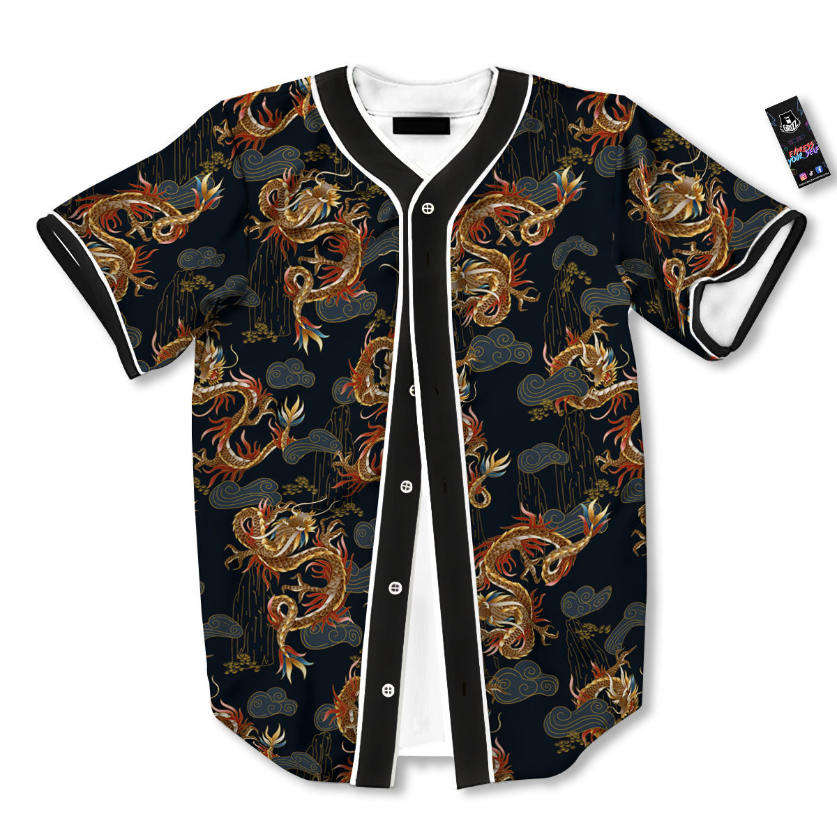 Gold Dragon Japanese Print Pattern Baseball Jersey-grizzshop