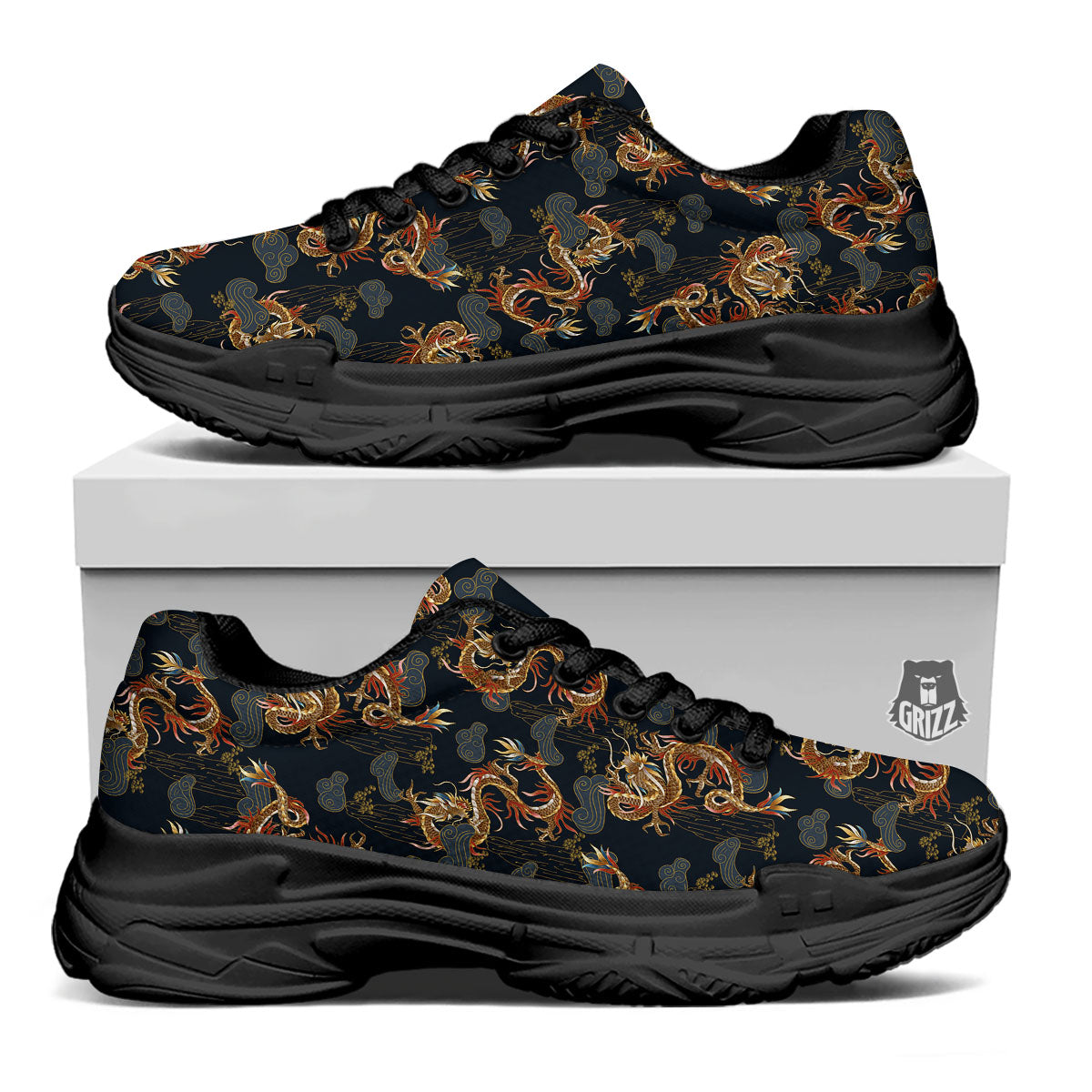 Gold Dragon Japanese Print Pattern Black Chunky Shoes-grizzshop