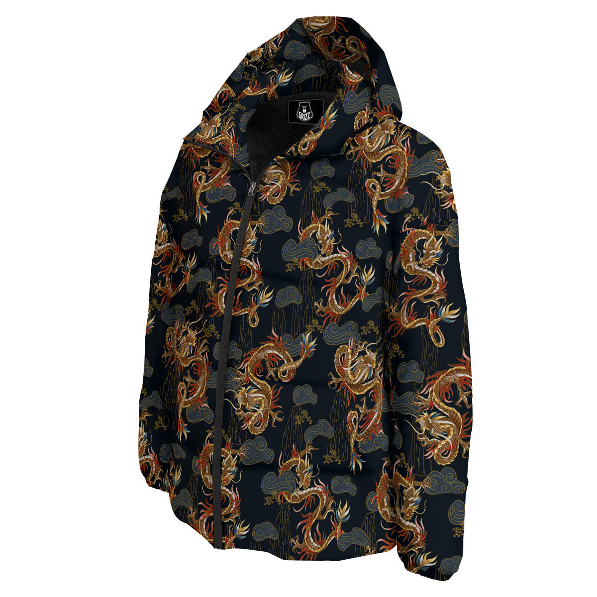 Gold Dragon Japanese Print Pattern Down Jacket-grizzshop