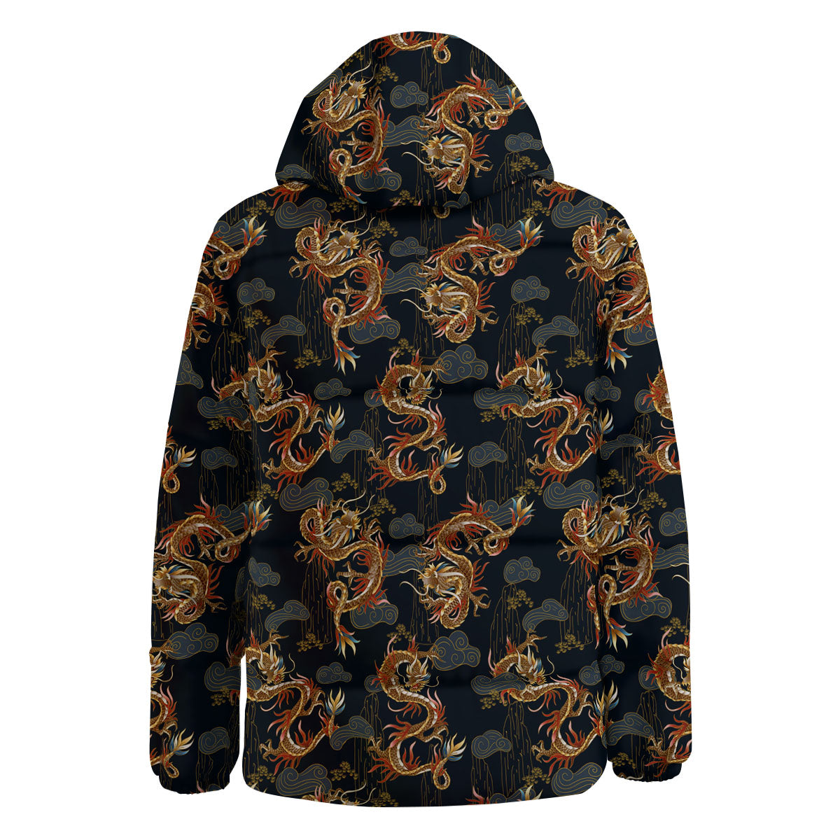 Gold Dragon Japanese Print Pattern Down Jacket-grizzshop