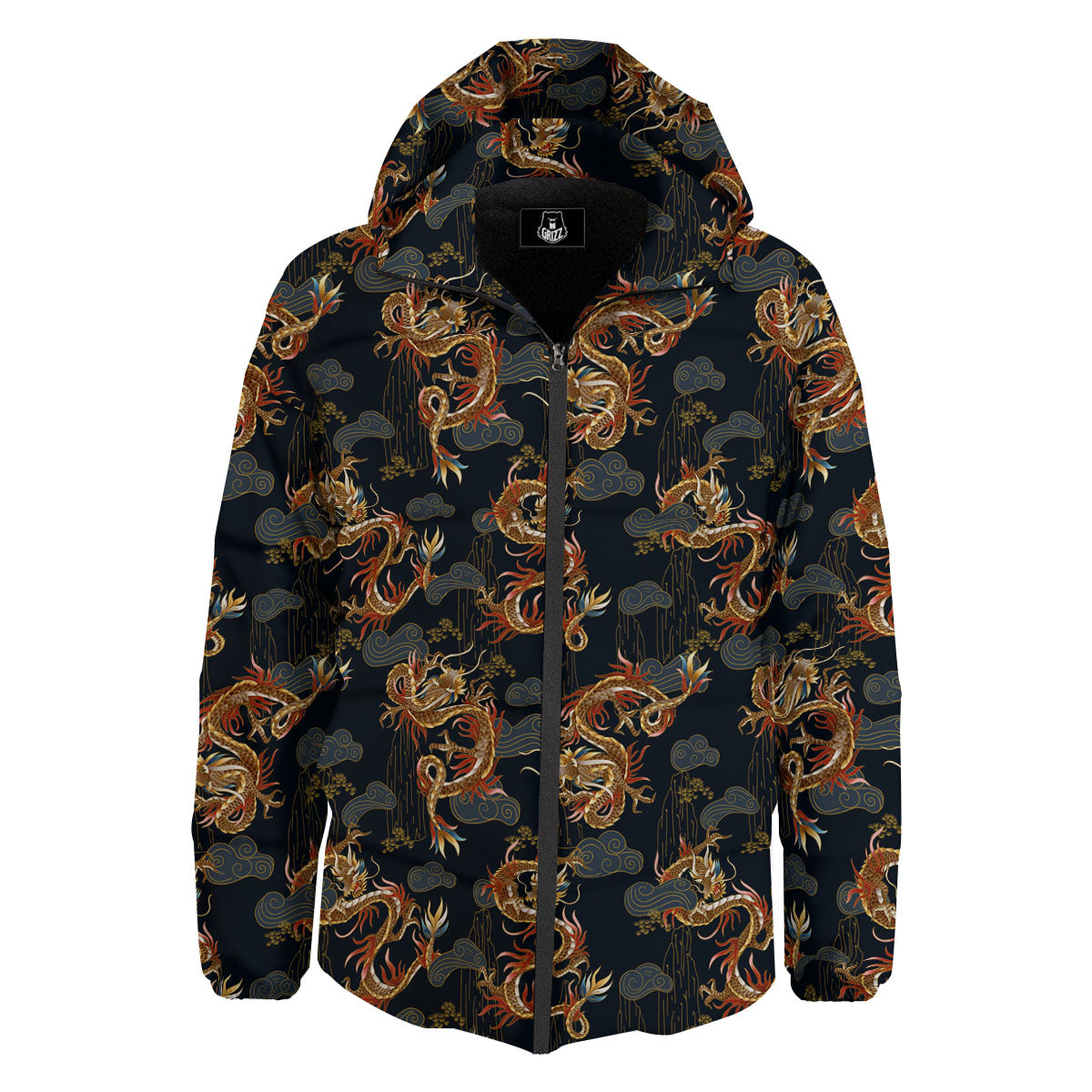 Gold Dragon Japanese Print Pattern Down Jacket-grizzshop