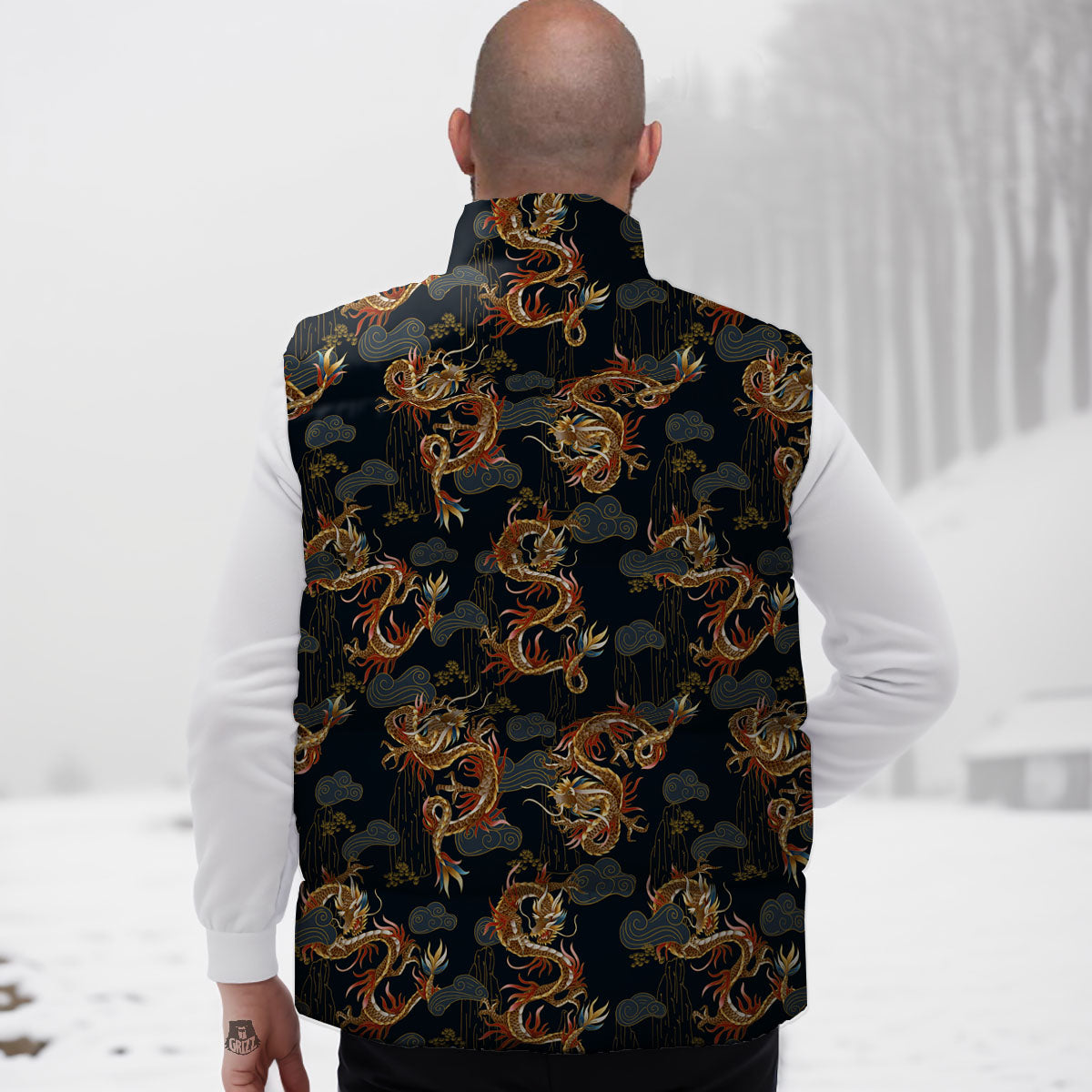 Gold Dragon Japanese Print Pattern Down Vest