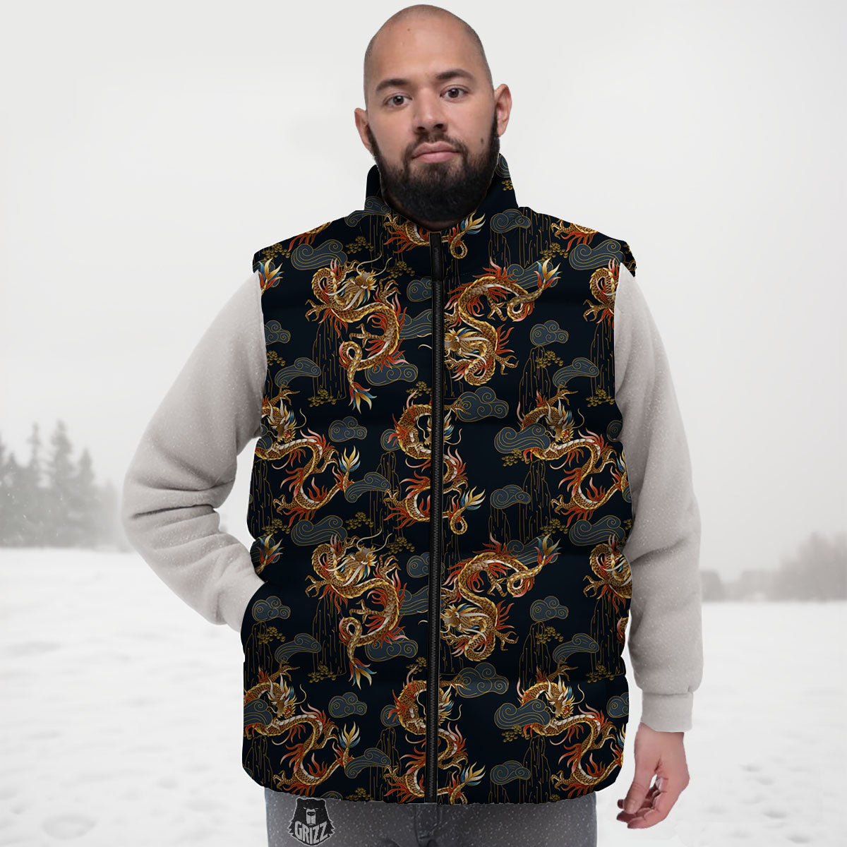 Gold Dragon Japanese Print Pattern Down Vest