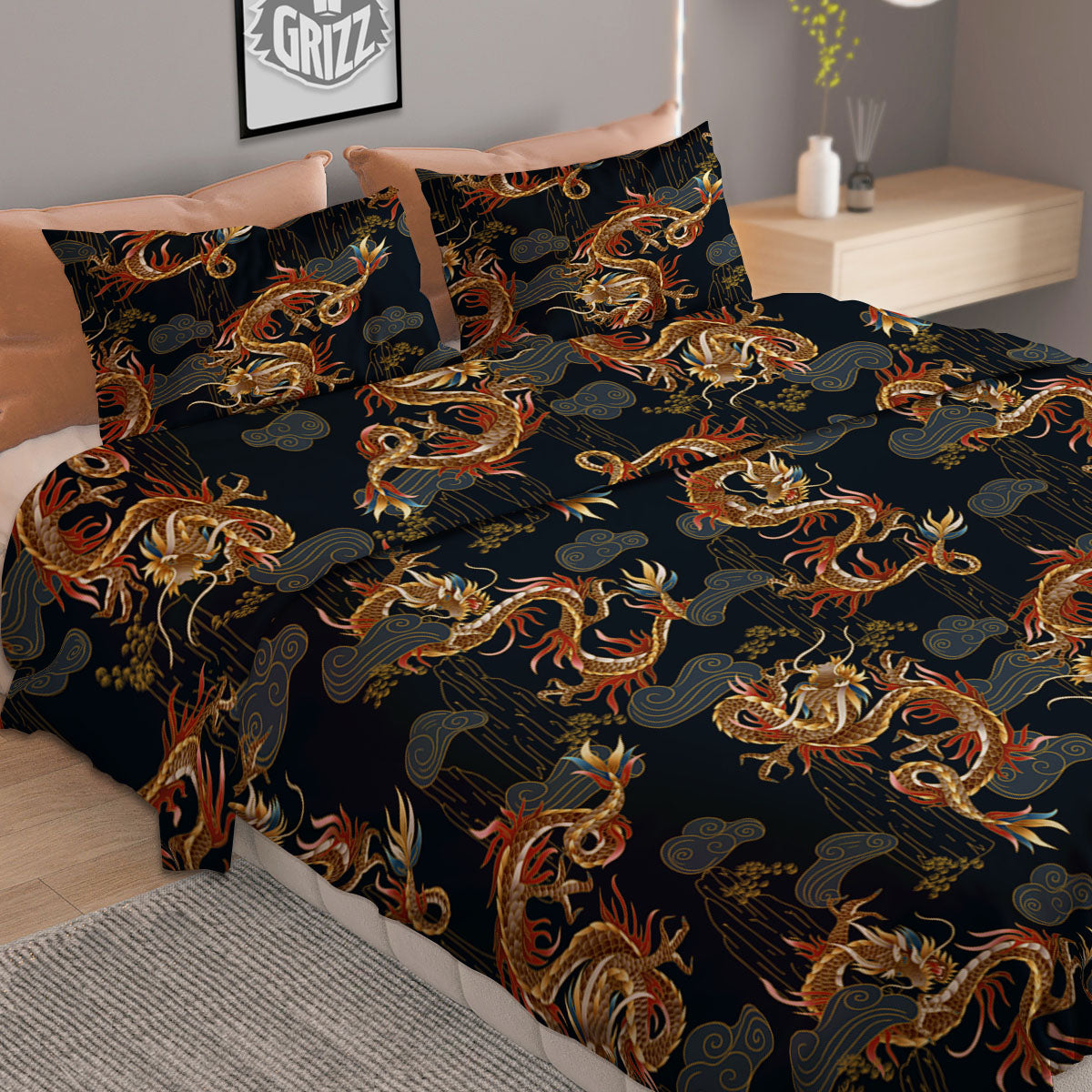 Gold Dragon Japanese Print Pattern Duvet Cover Bedding Set