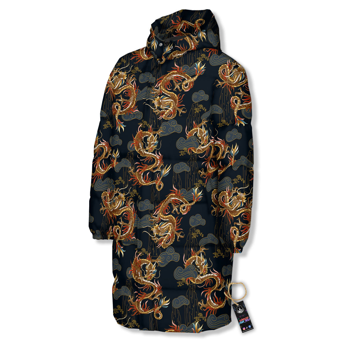 Gold Dragon Japanese Print Pattern Long Down Jacket-grizzshop
