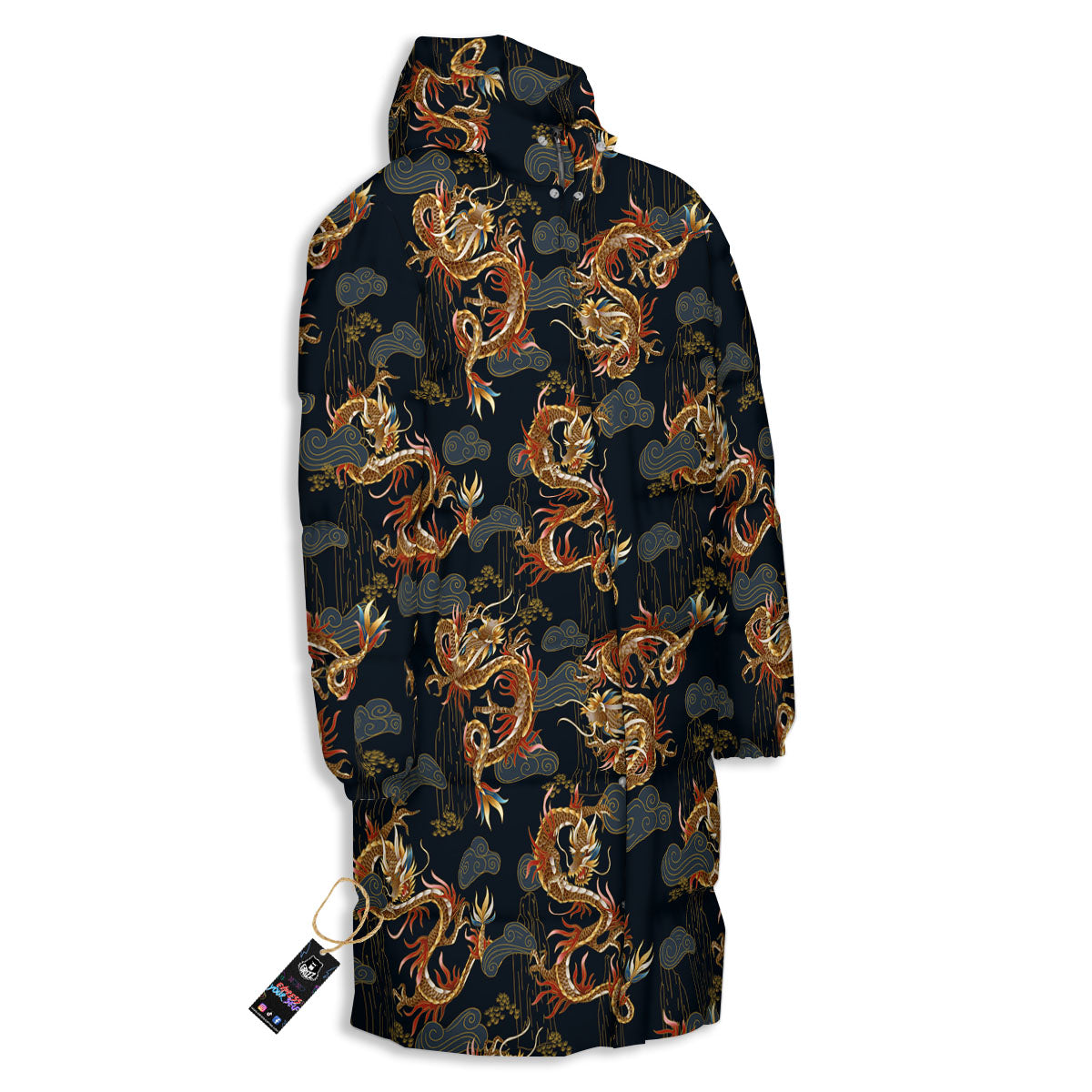 Gold Dragon Japanese Print Pattern Long Down Jacket-grizzshop