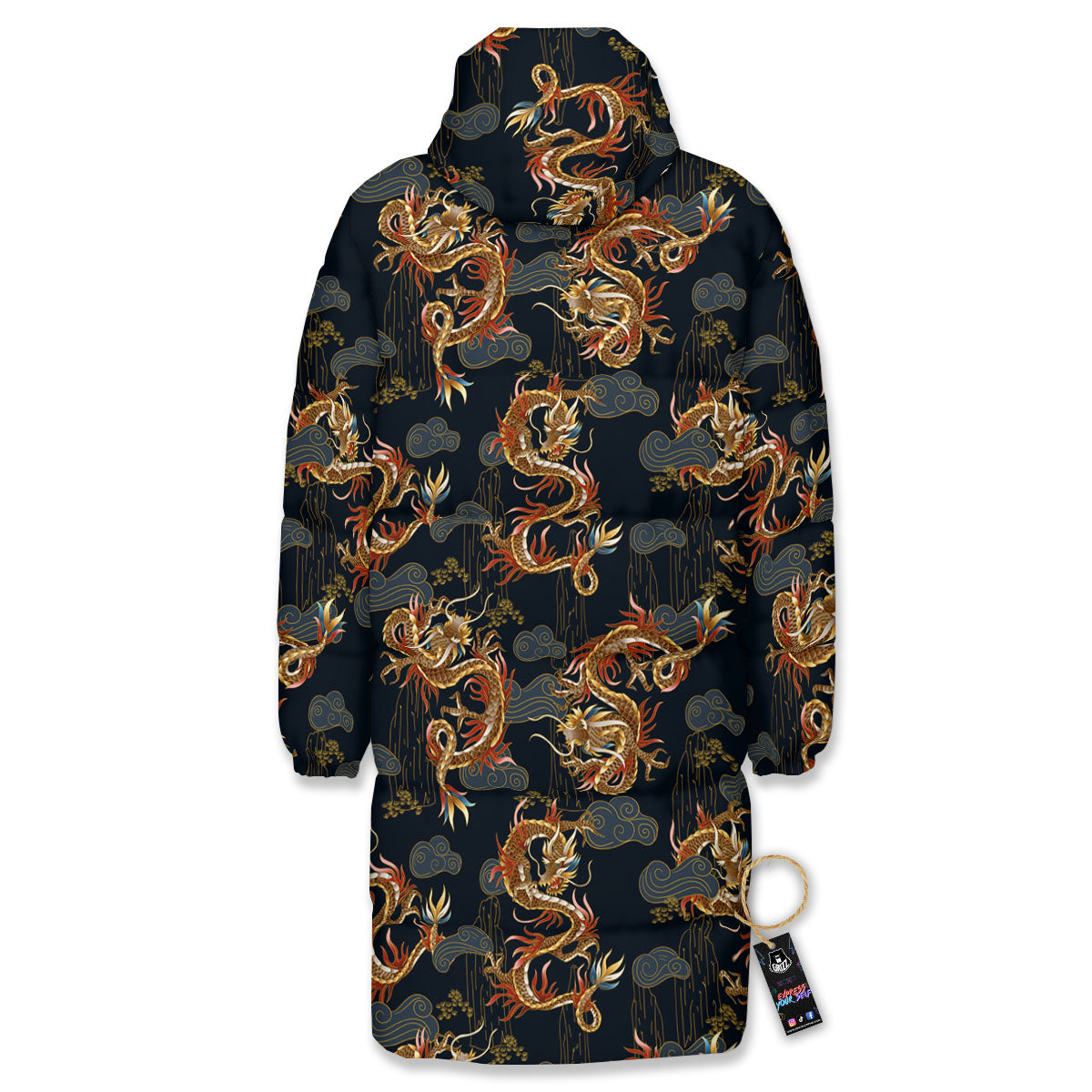 Gold Dragon Japanese Print Pattern Long Down Jacket-grizzshop