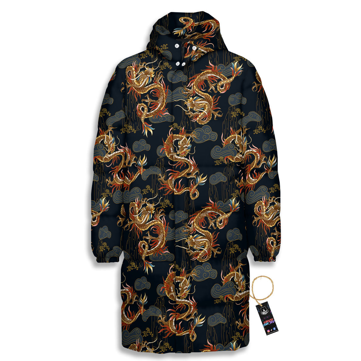 Gold Dragon Japanese Print Pattern Long Down Jacket-grizzshop