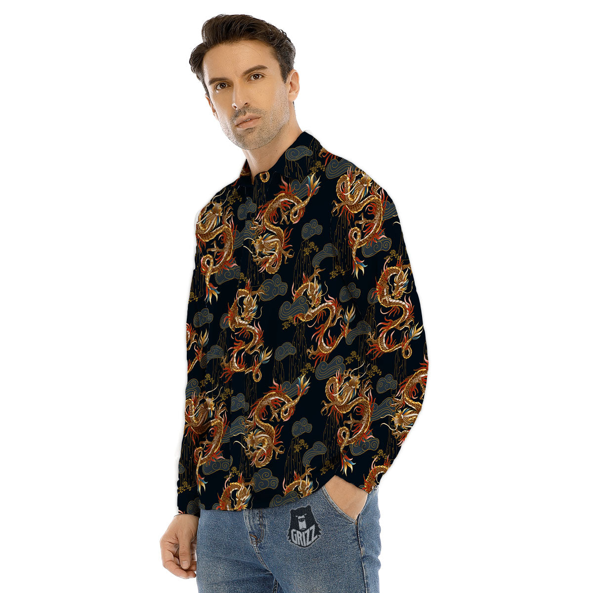 Gold Dragon Japanese Print Pattern Men's Dress Shirts-grizzshop