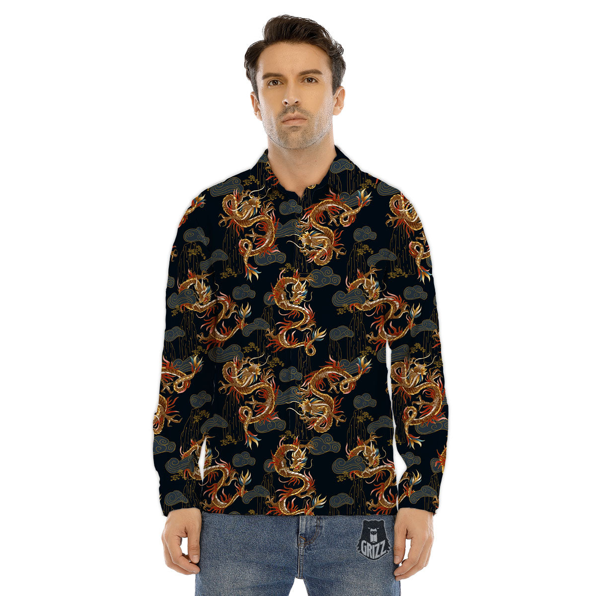Gold Dragon Japanese Print Pattern Men's Dress Shirts-grizzshop