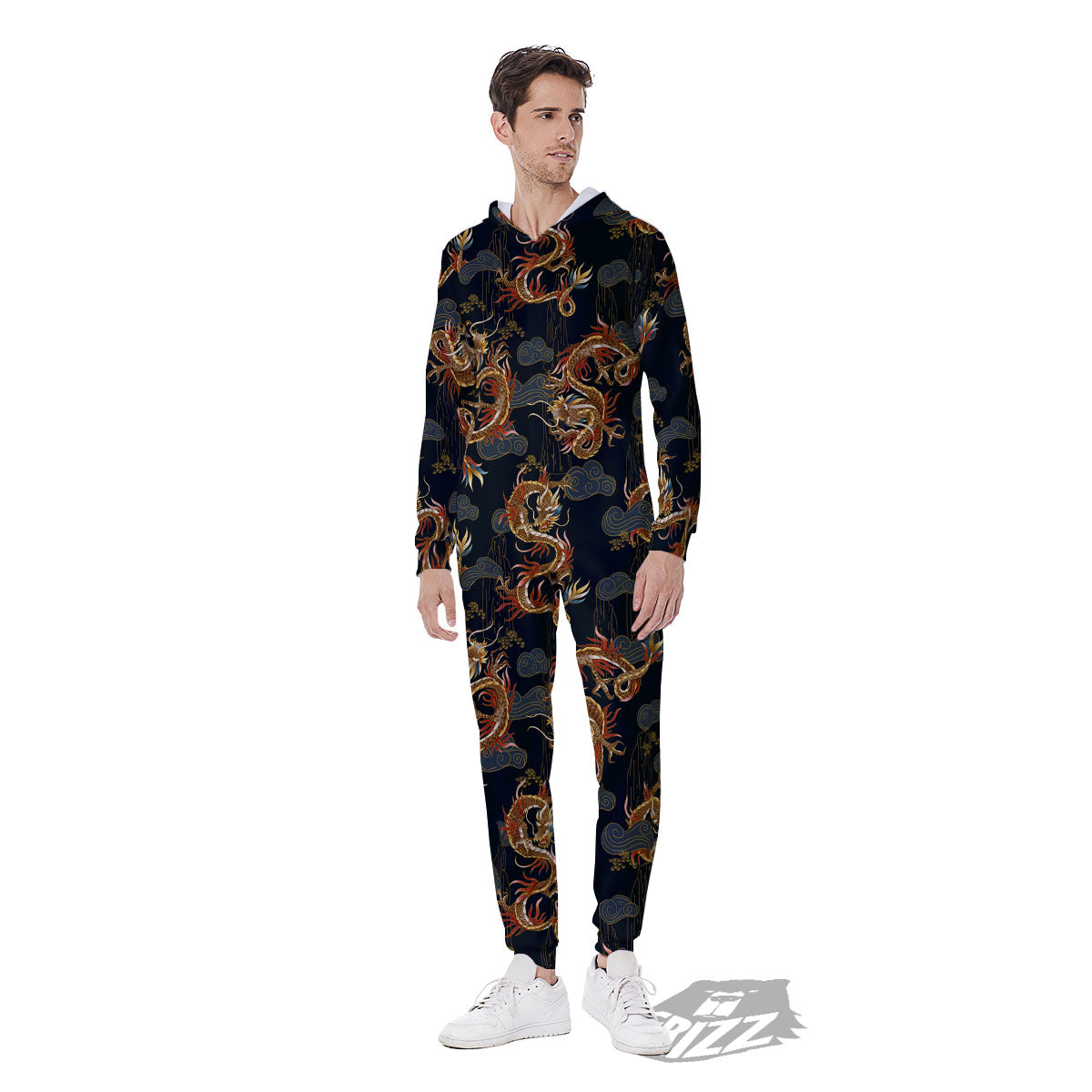 Gold Dragon Japanese Print Pattern Men's Jumpsuit-grizzshop